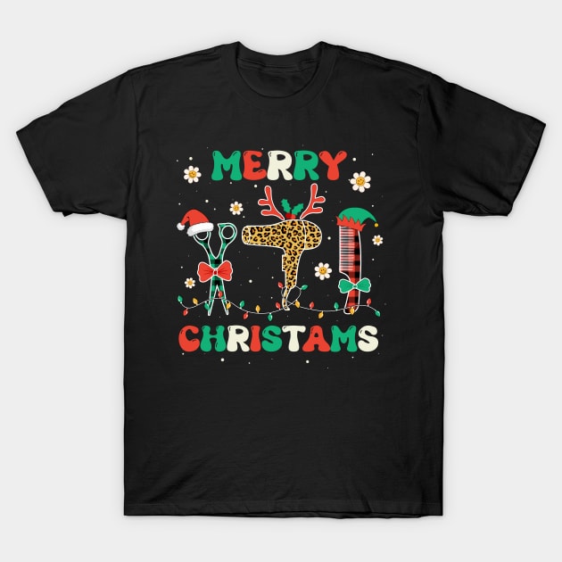 Merry Christmas Hairstylist Groovy Hairdresser Barber Xmas T-Shirt by ArifLeleu